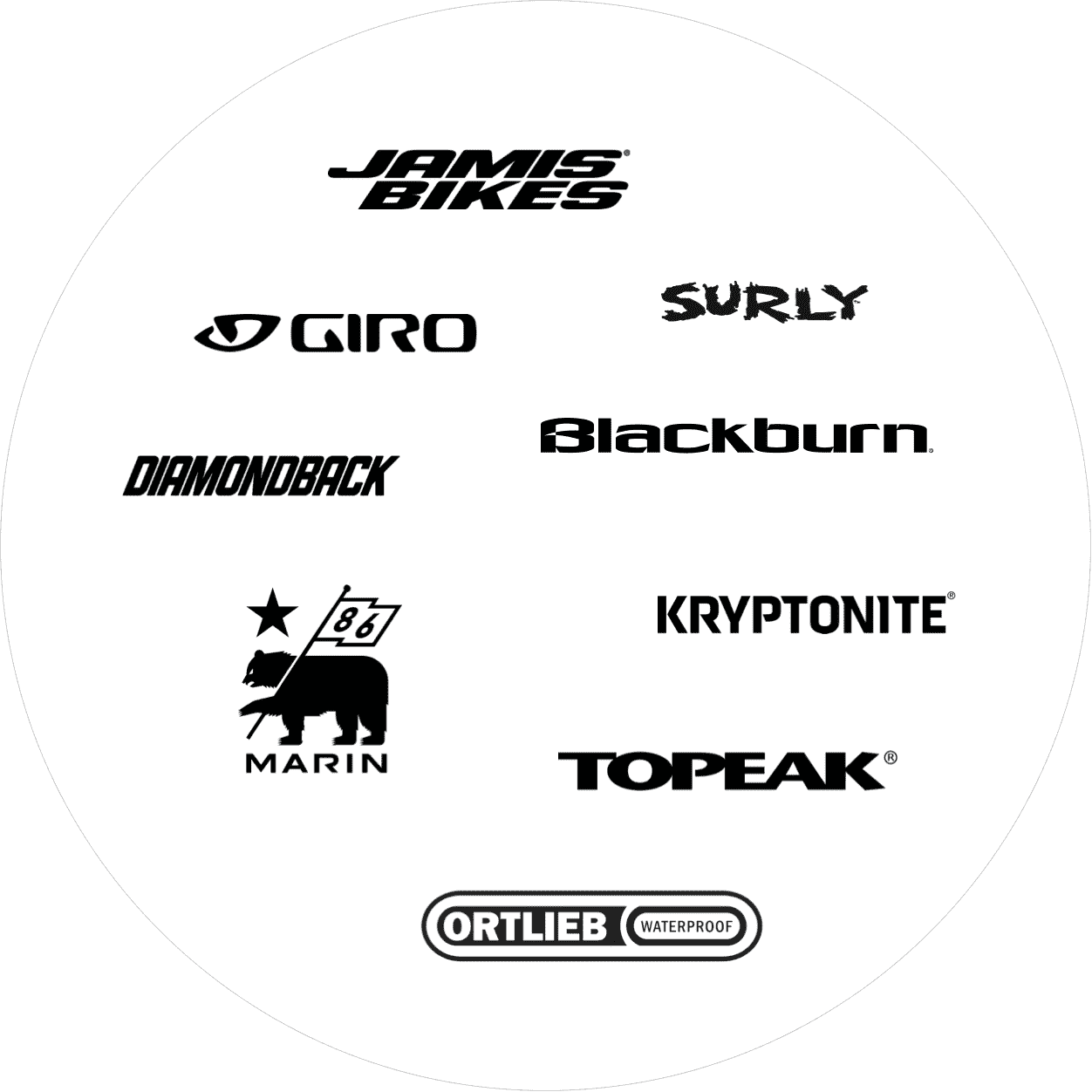 a collage of Marin, Jamis, Surly, All City, Diamondback, Kryptonite, Giro, Blackburn, Ortlieb, and Topeak brand logos