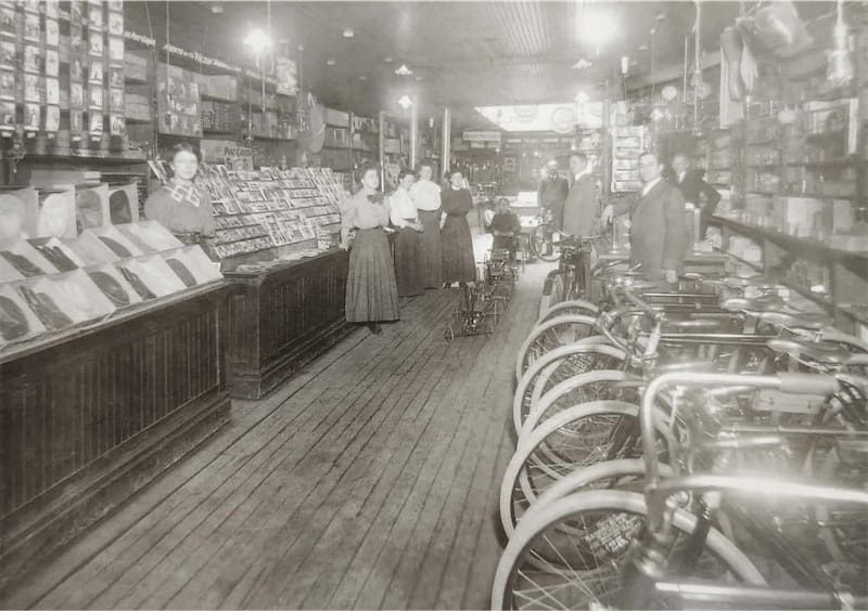 photo of the inside of F.&F. Rick and Co. Bicycles, Parts, Gaslights and Sundries at 517/519 Main St in Buffalo NY