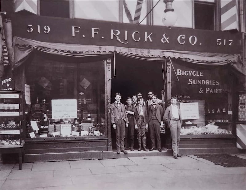 photo of F.&F. Rick and Co. Bicycles, Parts, Gaslights and Sundries storefront at 517/519 Main St in Buffalo NY